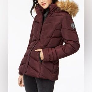 Madden Girl Faux Fur Trim Hooded Puffer Jacket Burgundy Size XL Coat